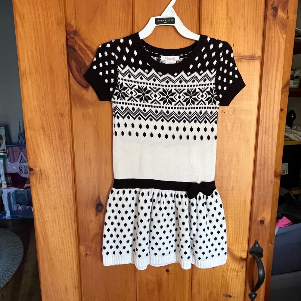 Little girl black and white snowflake sweater dress.